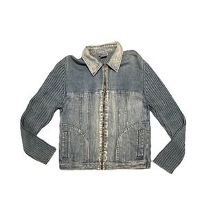 Blue Willi's Denmark Quilted Denim Jacket Knit Sleeves Button 90s Vintage Small